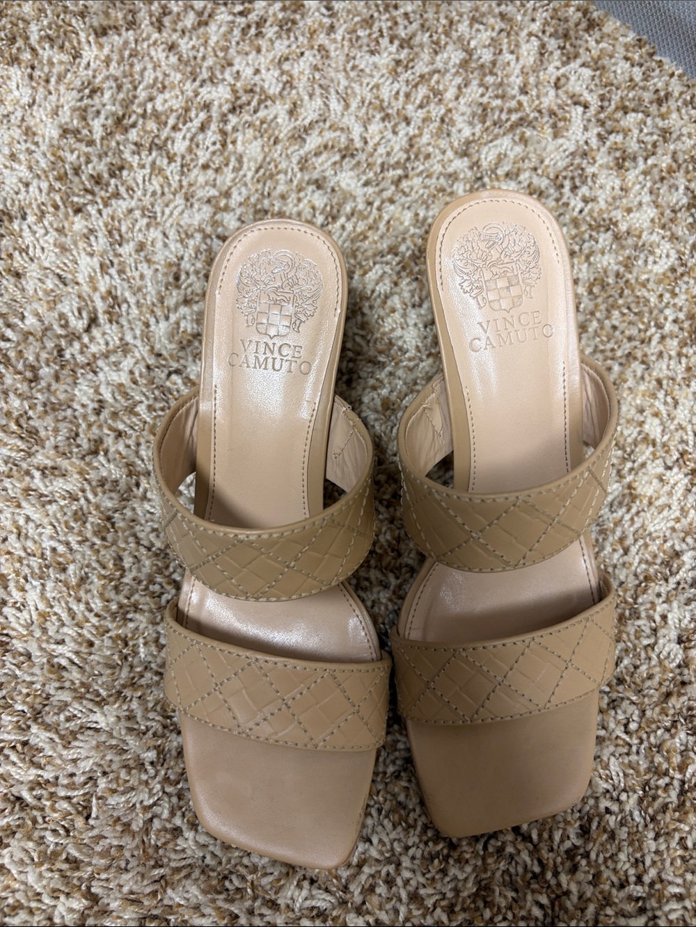 Vince Camuto Quilted Tan Double-Strap Slide Mules